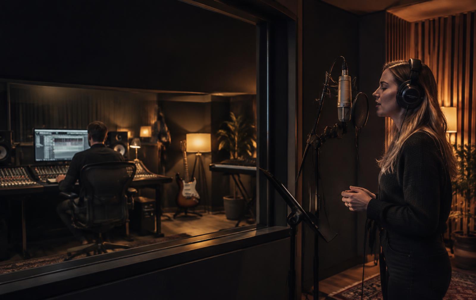 Vokalist og lydtekniker under innspilling i musikkstudio